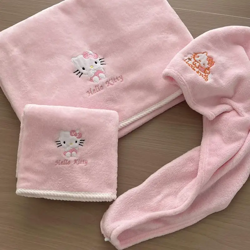 

3pcs Sanrio Hello Kitty Towel Home Absorbent Quick-Drying Bath Towel Kawaii Coral Velvet Bath Towel Hair Drying Cap Girl Gifts