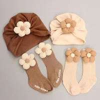0-12M Infant Accessories Cute Flower Spring Autumn Cotton Newborn Baby Bebe Girl Hat Socks Two Pieces Set 1