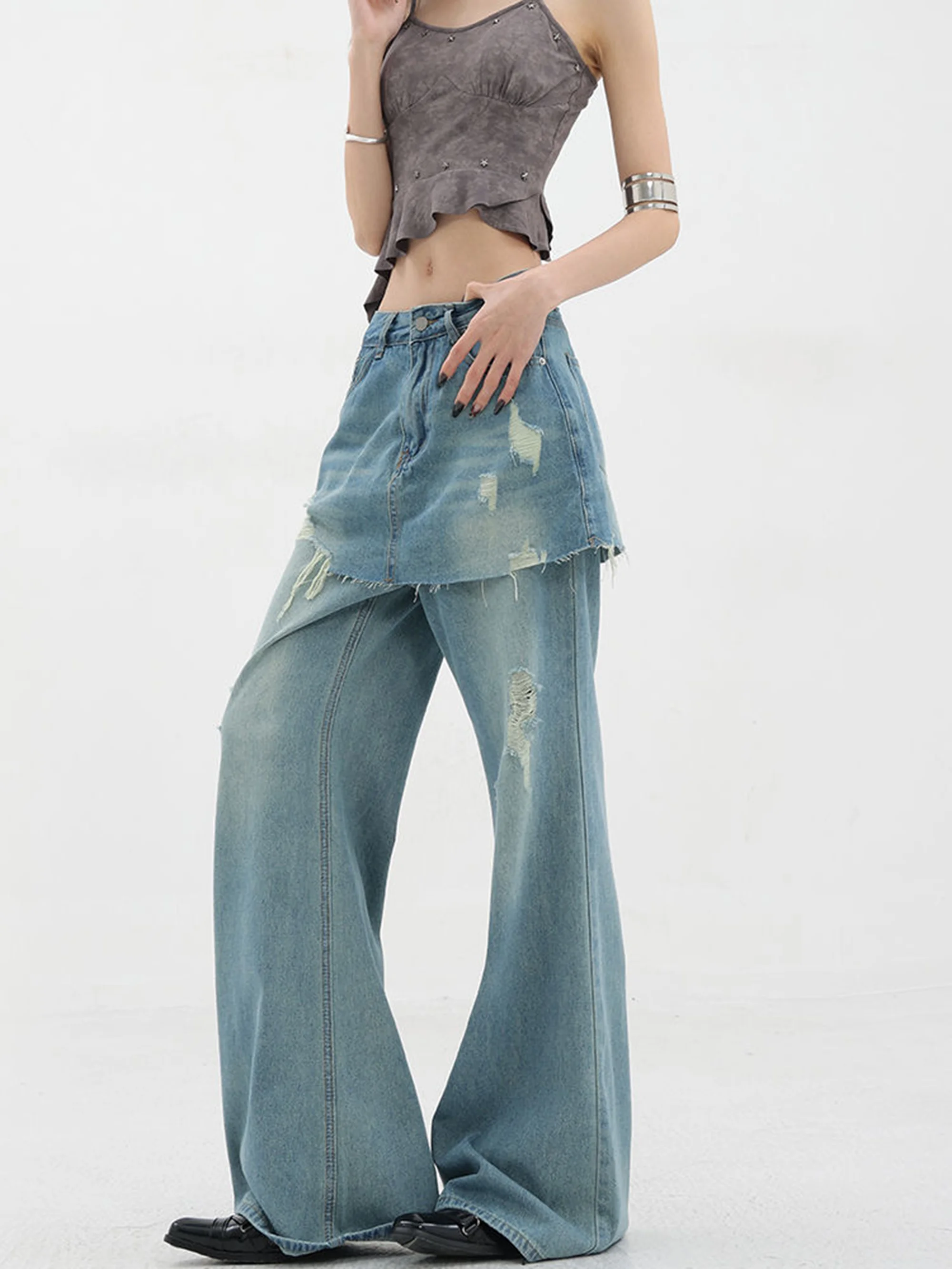 Jeans Fake Two Pieces Edge Whiskers Patchwork  Wrap-Around Wide High Leg Denim Pants Women Vintage Raw Rise Baggy Jeans Korean