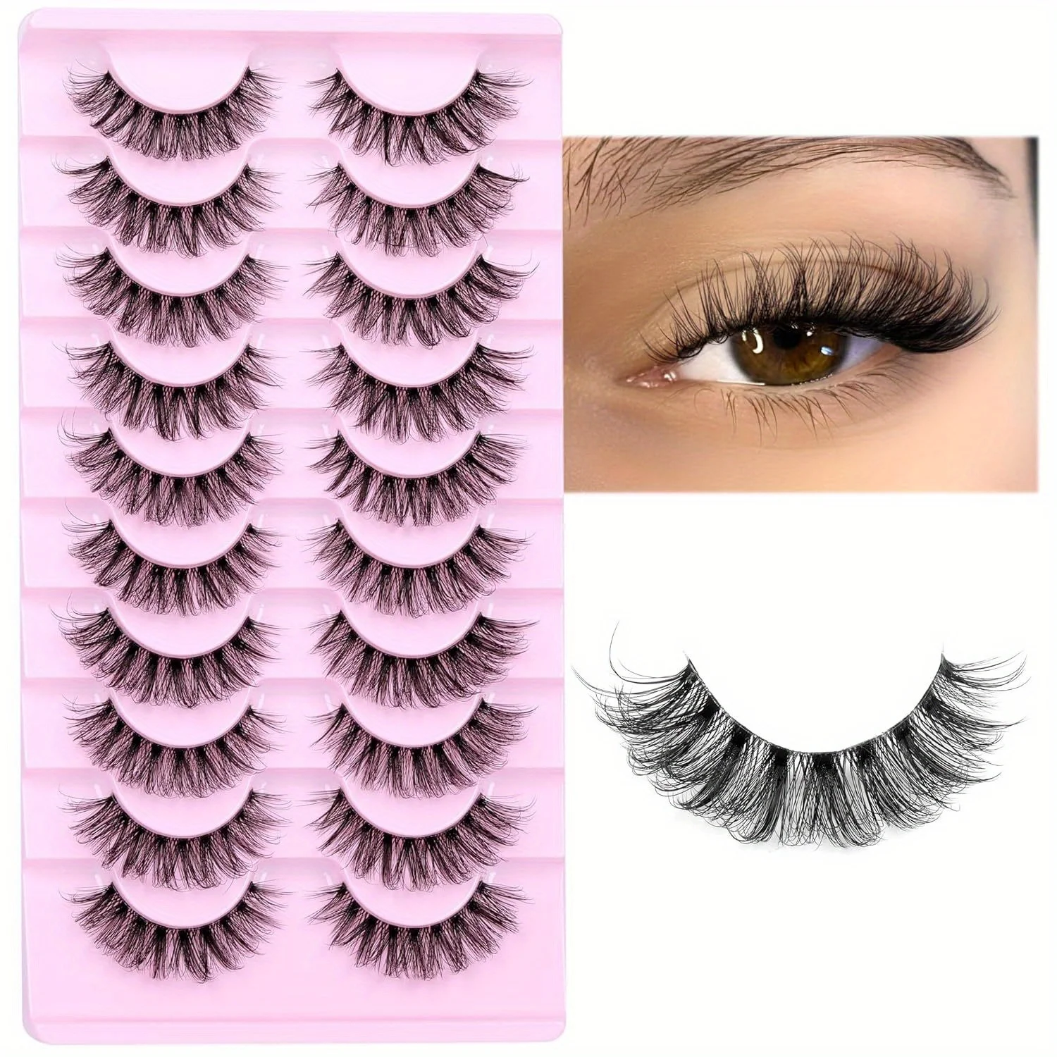 10 Paar natürliche, flauschige D-Curl-Wimpern mit 3D-Volumen und transparentem Band – weiche, leichte und wiederverwendbare Wimpern