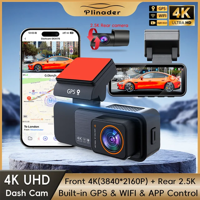 Plinader Dash Cam 4K Ultra HD Lens Car Dashboard Camera Built-in GPS Wifi & APP Control 24H parking monitoring Loop recording 1