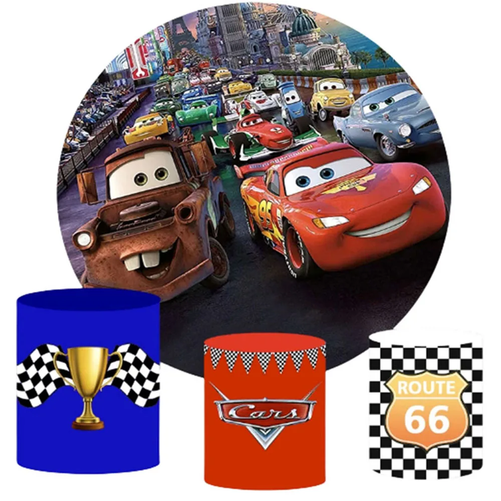 

Cars Lightning McQueen Round Backdrop And 3 Cylinder Covers Background Photography Baby Shower Birthday Party Decoration Props