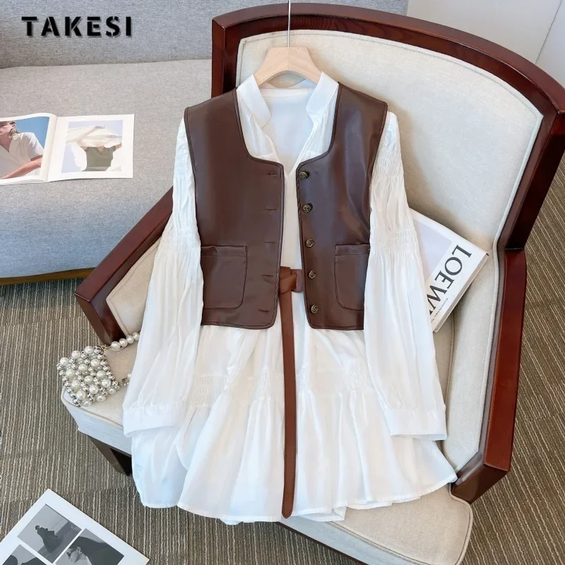 

2023 Winter Vintage Elegant 2 Piece Set Women Long Sleeve Solid Dresses + Retro Pockets Vest Coat Casual Two Piece Skirt Set