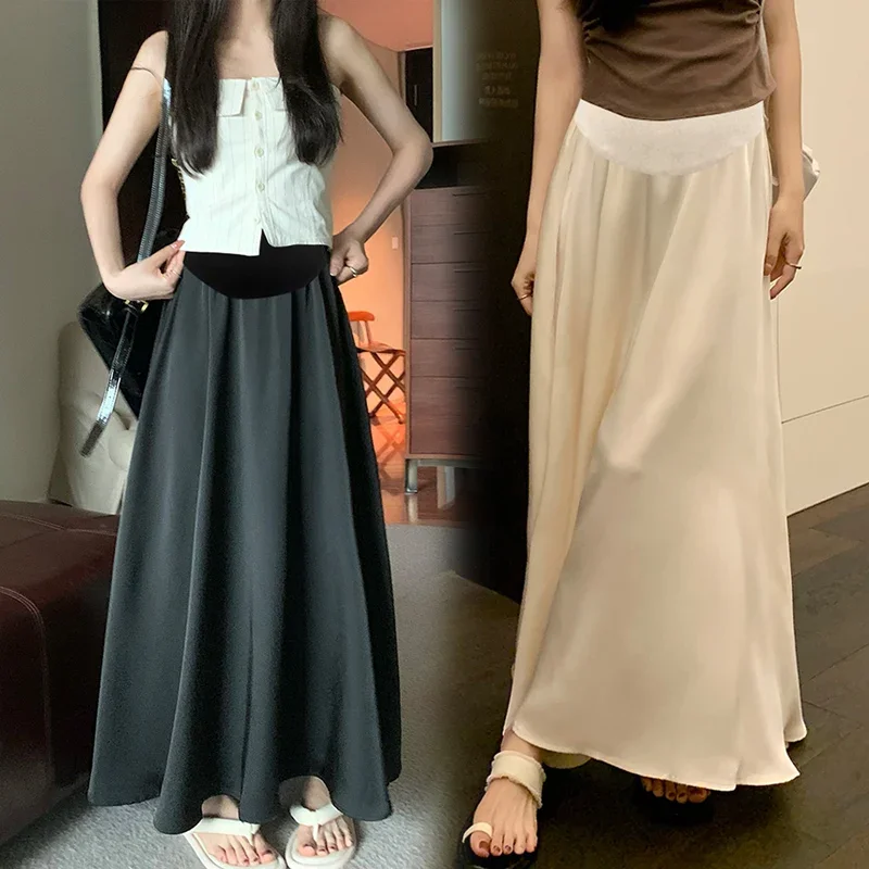 Korean Style Maternity Belly Skirts High Waist Long Design Pregnant Woman A-line Skirts Solid Color Pregnancy Umbrella Skirt