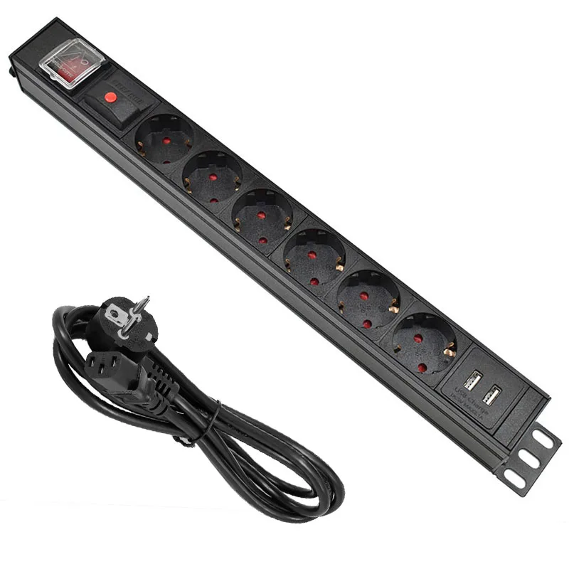 

PDU Power Strip Aluminum alloy 6 Way EU Power Strip Socket with IEC-C14 Port Outlet extend with USB Overload protection