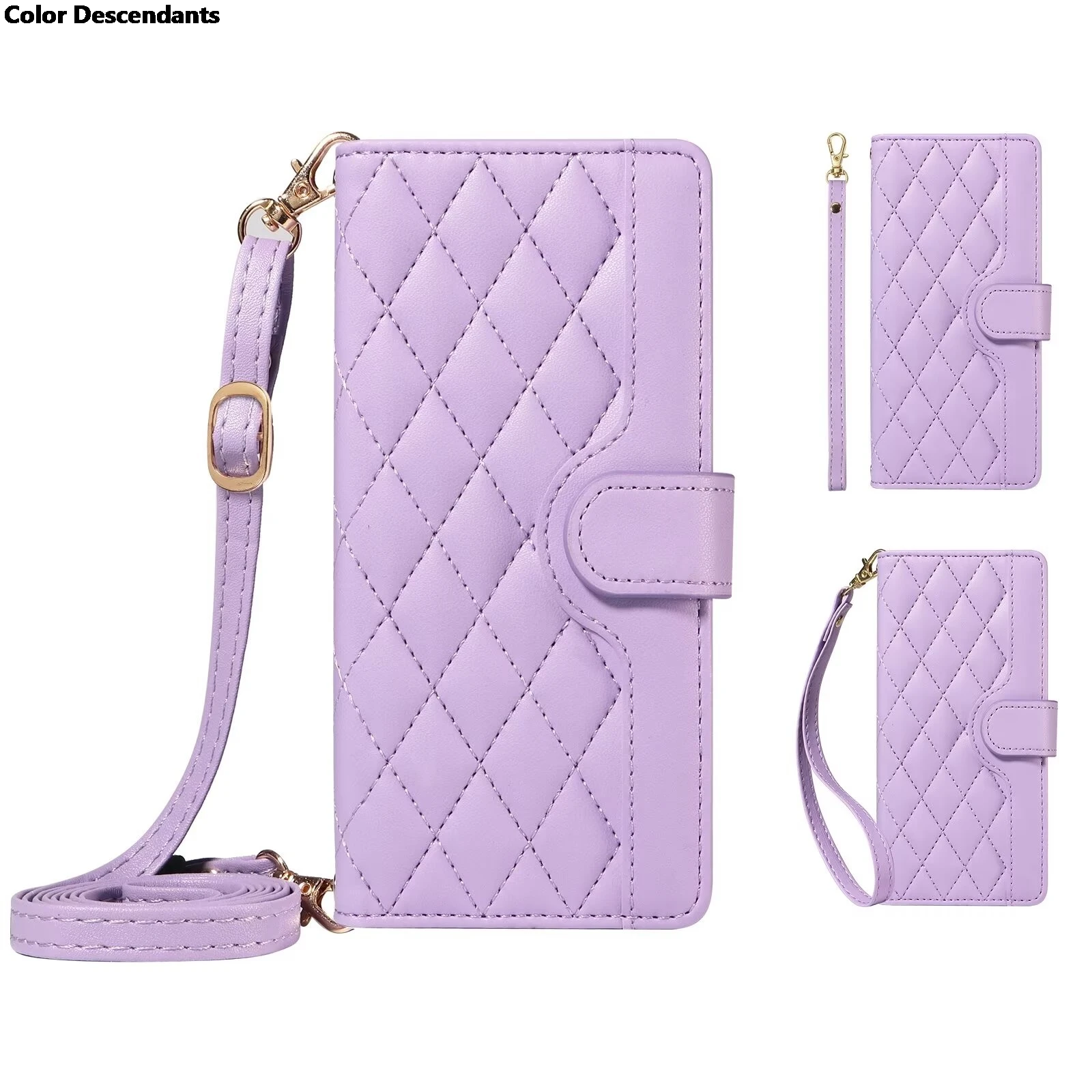 Leather Wallet Card Phone Case with Lanyard - Crossbody Purse Flip Cover