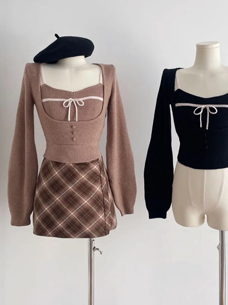 

Sexy Girls Hight Street Outfits 2 Piece Set Women Off Shoulder Bow Camisole + Solid Knitted Crop Top Fashion Coquette New Style
