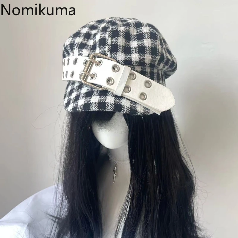 Women Hats Vintage Y2K Plaid Belt Buckle Octagonal for Autumn Winter Fashion, women hats