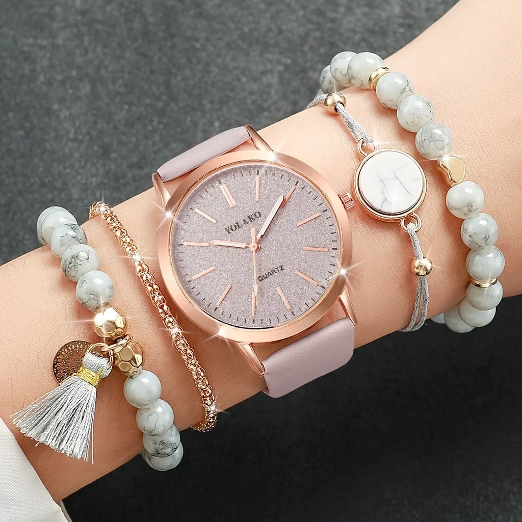 5PCS Ladies Roman Digital Quartz Watch Large Dial Full Sky Star Women's Watches Bracelet Set Birthday Gift No Box 2