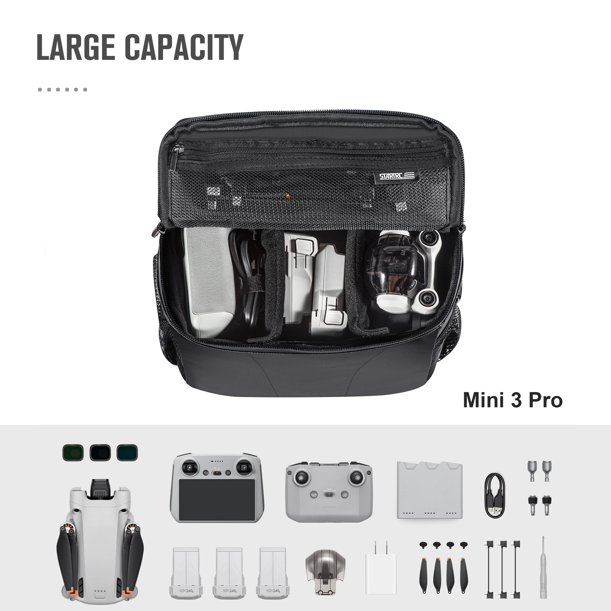 Intérieur du sac de rangement pour drone DJI avec mousse découpée sur mesure, garantissant une protection optimale pendant le transport.