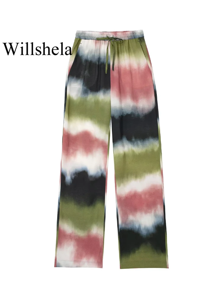 

Willshela/женские модные прямые брюки с принтом в виде галстука-красителя на шнуровке, винтажные брюки с высокой эластичной талией, длинные женские шикарные брюки