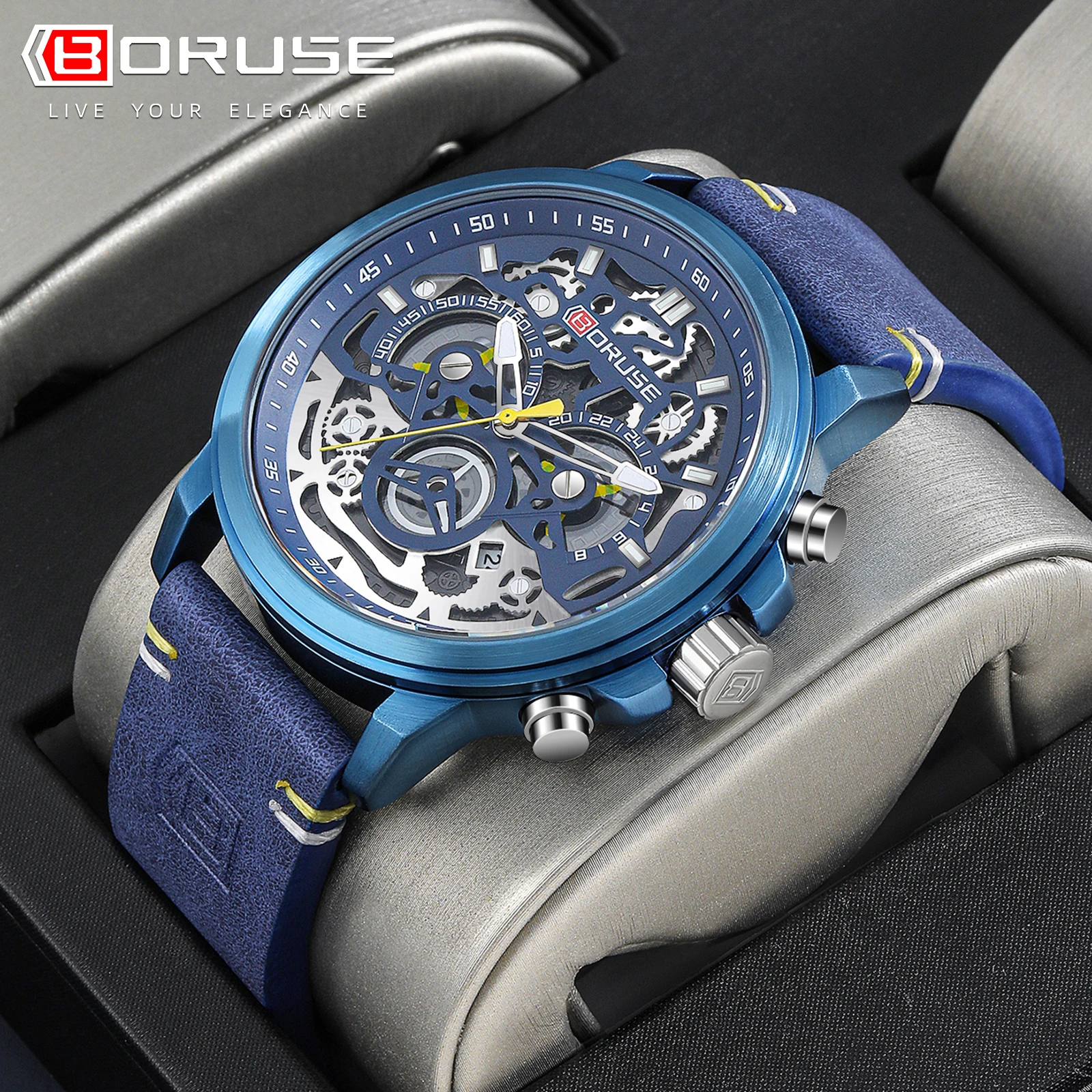 BORUSE Men Business Quartz Watches Luxury Watch Stainless Steel Waterproof Sports Leather Watch Luminous Clock Relogio Masculino