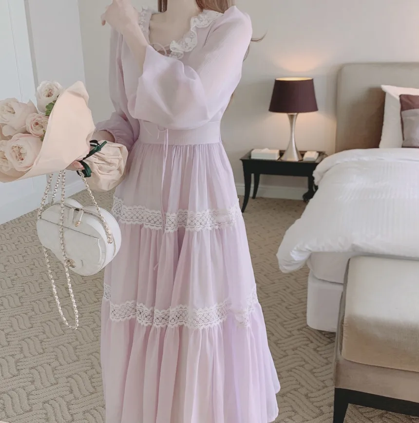 French Vintage Fairy Midi Dresses for Women Lantern Sleeve High Waist V-neck A-line Princess Party Dress Casual Female Vestidos