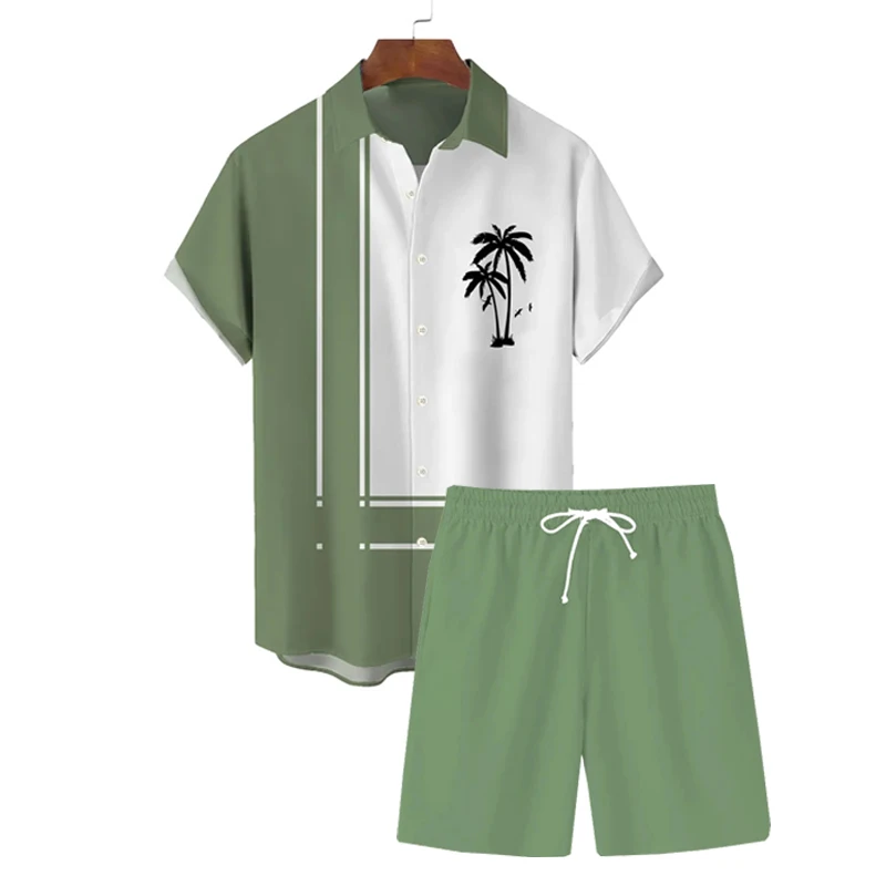 Men\'s Summer T-Shirts Coconut Palm Hawaiian Shirt Set For Men/Women Casual Button Beach Shirts Short Sleeve Oversized Shirt Set