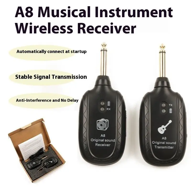 1set  A8 Guitar Wireless System Transmitter Receiver Built- In Rechargeable Wireless Guitar Transmitter