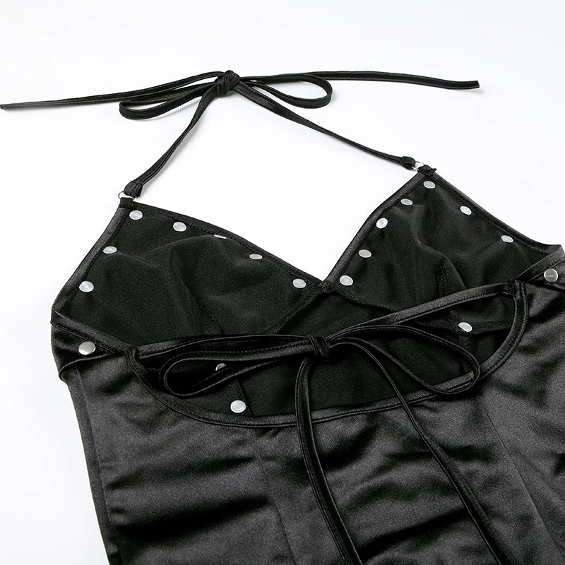 Camisola sexy ajustada de PU con diseño de remaches de satén empalmados para mujer, blusas de moda retro Gyaru Darkly Punk