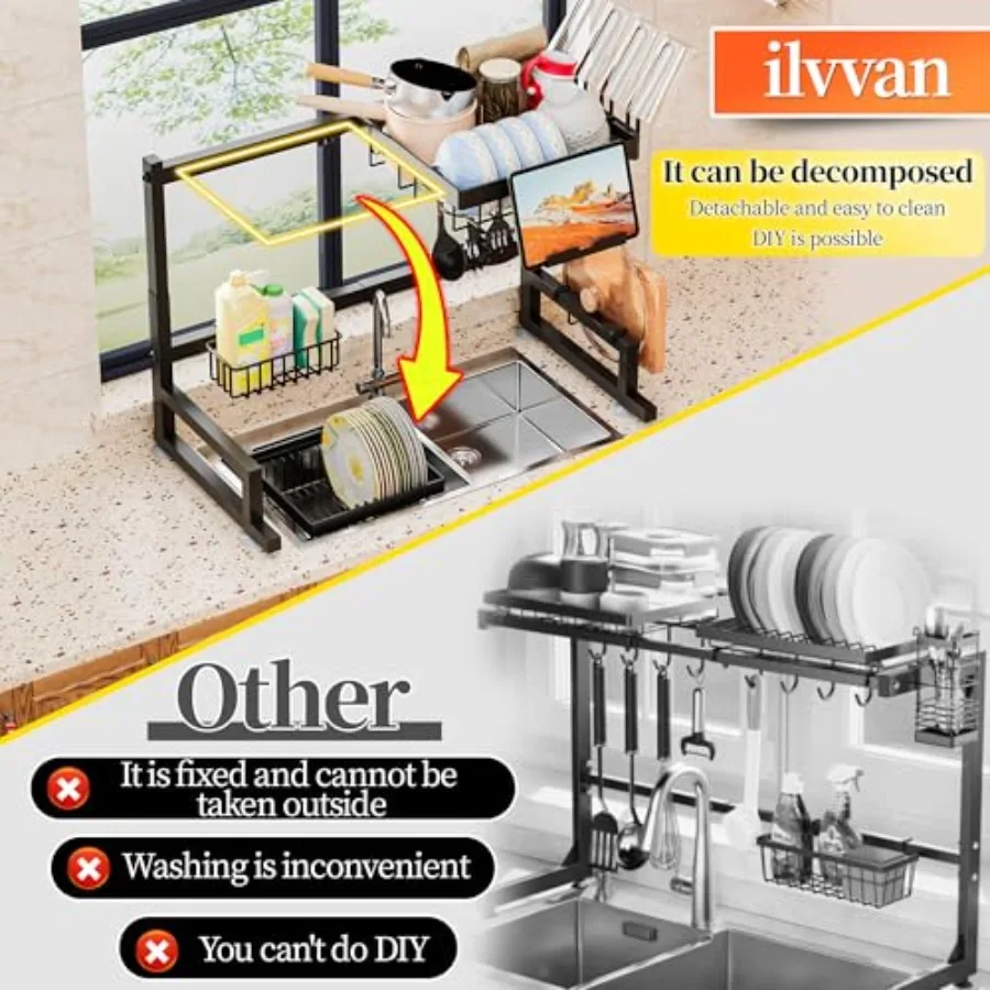 Over Sink Dish Drying Rack Expandable Height Length SnapOn Design Large Dish Drainer Storage Counter Organizer 24 35.5(L) x 12(