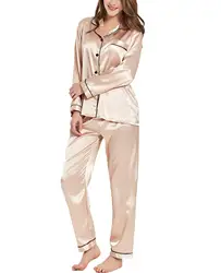 Elegant Women's Silk Satin Two-Piece Loungewear Set - XXL (Champagne)