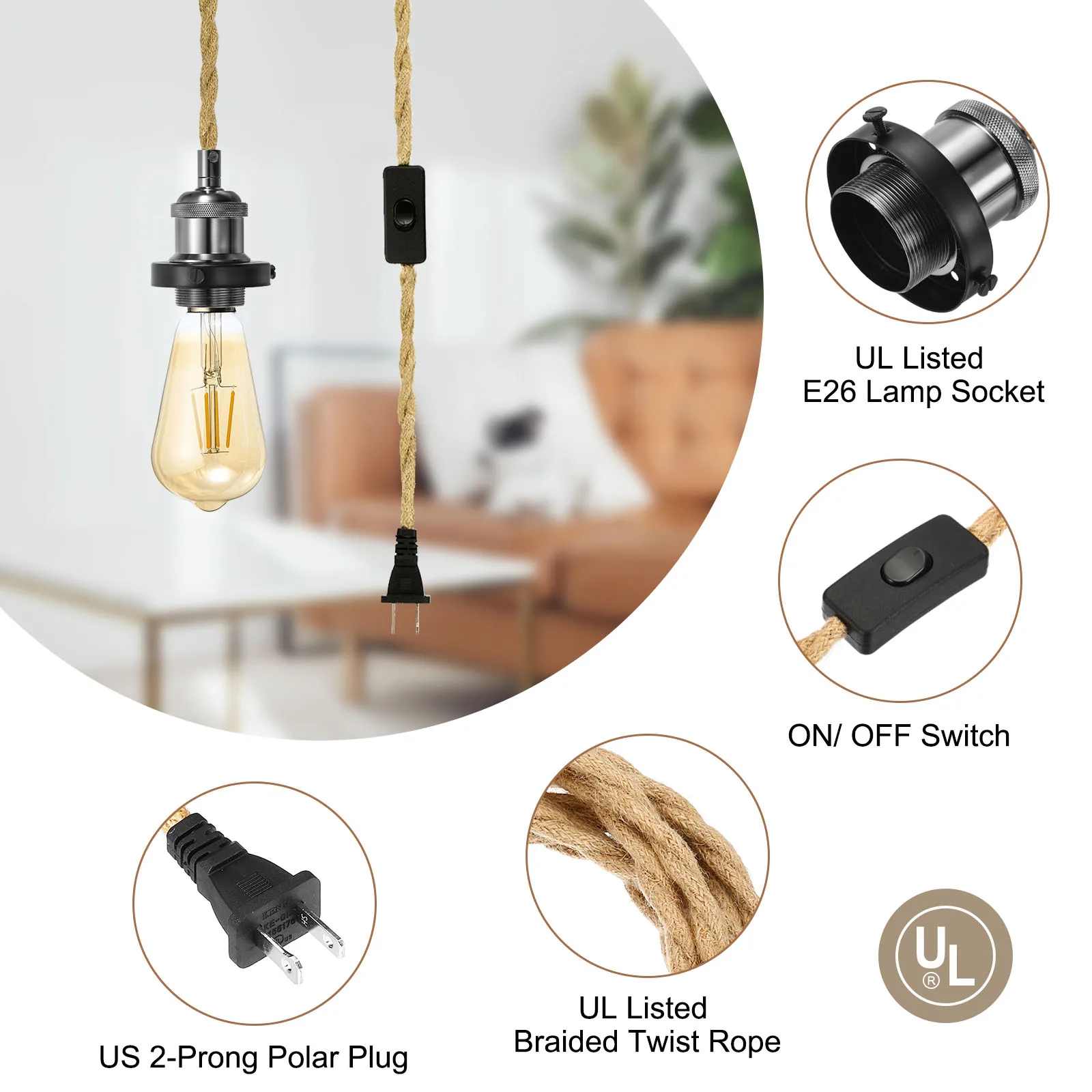 15.4Ft Pendant Light Cord Kit Plug in E26 Socket Hanging Light with Switch Wire Vintage Twisted Hemp Rope Bulb Socket Cord Cable