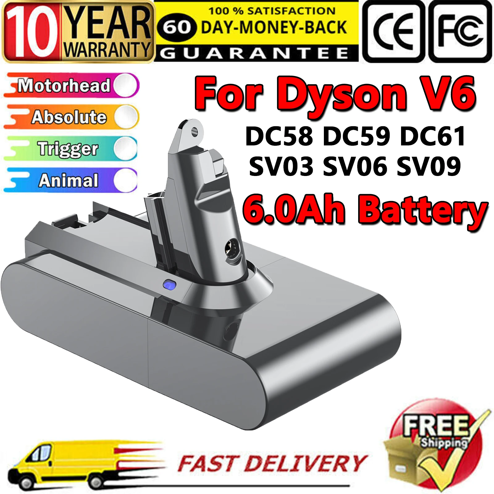 Batteria Per Aspirapolvere 21.6V 6Ah Per Batteria Dyson V6 Dc62 Dc59 Dc58 Sv03 Sv04 Sv09 V6 Animal Motorhead V6 Absolute V6 Fluffy