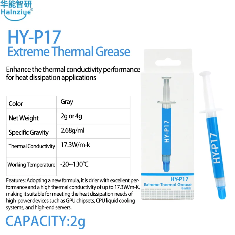 Oryginalna pasta termoprzewodząca Halnziye HY-P17 Premium Performance do wszystkich procesorów CPU/GPU o wysokiej przewodności cieplnej 2g/4g