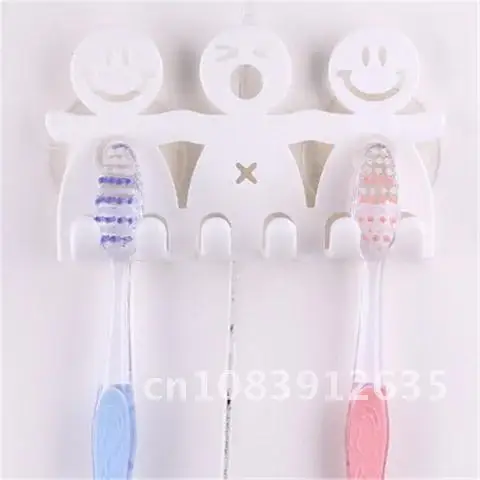 

Adorable Cartoon Toothbrush Holder White 5 Position Suction Hooks Tooth Brush Holder Bathroom Set Smile Design for Home Decor