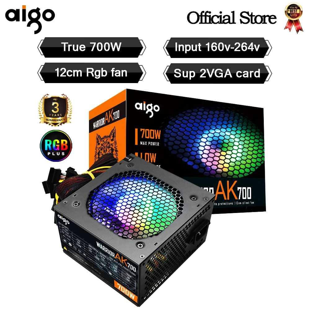 AIGO power supply unit AK, 700W PC PSU for desktop computer gaming, black quiet design with 120mm RGB fan, 24-pin 12V ATX power supply compatible with BTC mining systems.