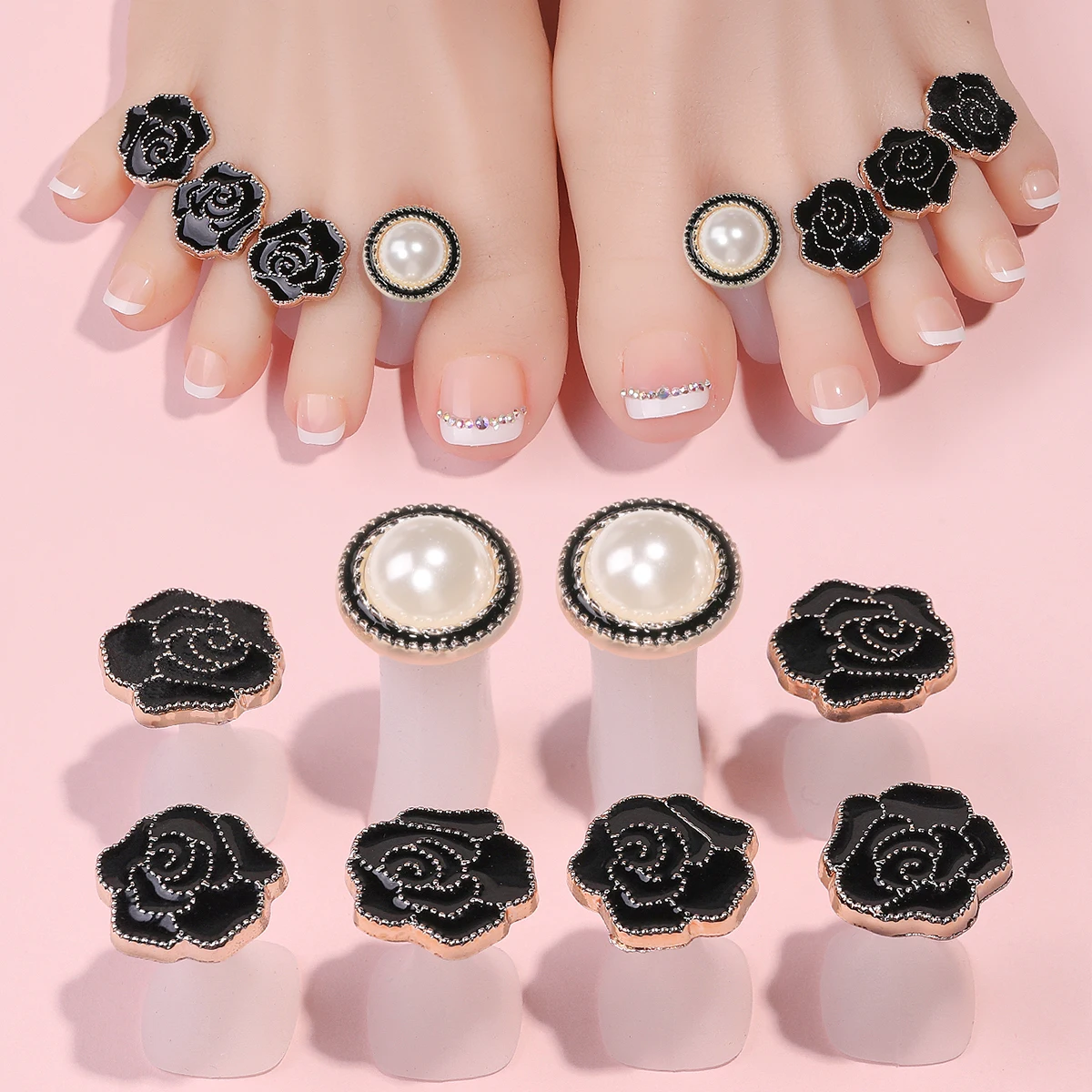 8Pcs Black Rose Silicone Toe Separator Cute Soft Pedicure Tools Set of Toe Spacers For Feet Apply Nail Polish And Repair Nails
