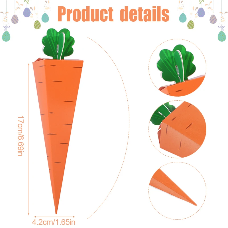 12pcs Easter Carrot Paper Candy Box Bunny Rabbit Cookie Snack Packaging Bags Spring Easter Party Decoration Kids Birthday Favors