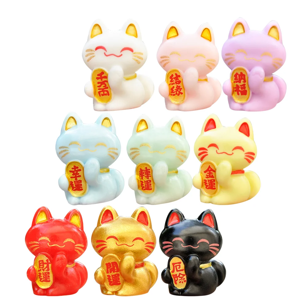 Mini Ma Ne Lucky Cat Figurines 9Pcs Miniature New Year Japanese Cat Statue Cute Fortune Cat Kitten Figure Diy Bonsai