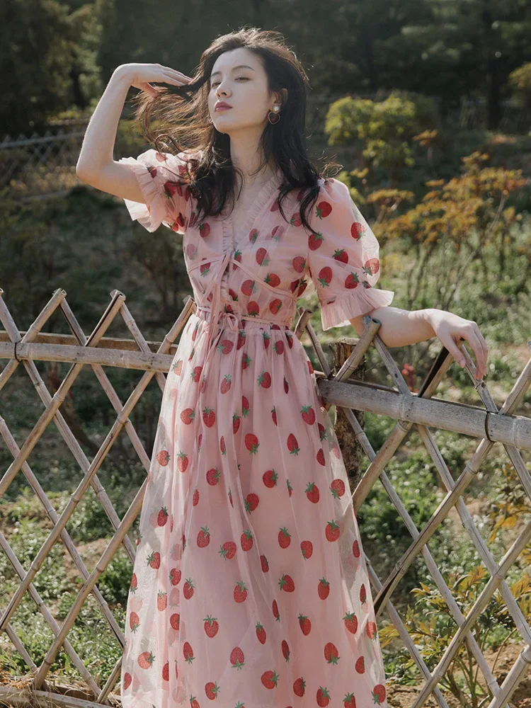 

Female Casual Vintage Vestidos Strawberry Dress Pink Women Bridesmaid Dress Vestidos De Mujer Maxi Dress Woman Formal Legant