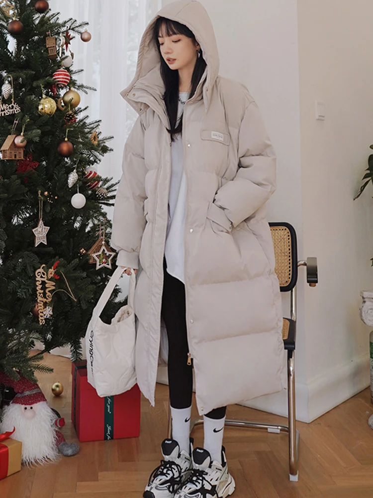 

Winter Hooded Plaid Loose Long Parka Women Solid Zipper Female Clothes 2022 Lady Elegant Warm Thick Fashion Outerwear