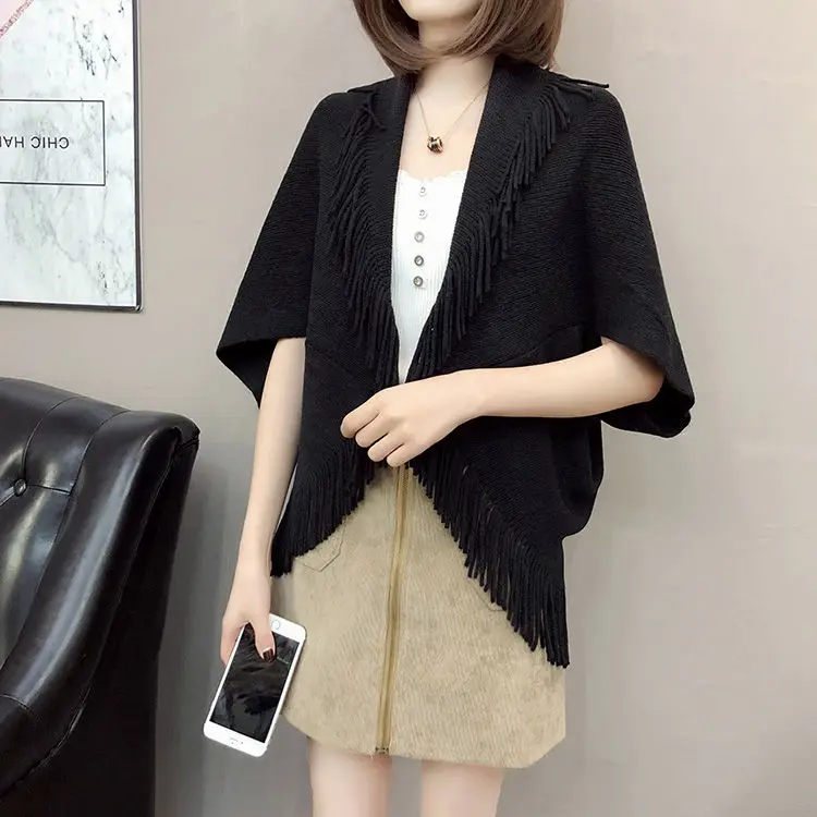 

Black Women Spring Knit Tassels Open Stitch Lady Out Loose Coat Sweater Vest Party Scarf Over Cloth Top Shawl Cloak Cape Poncho
