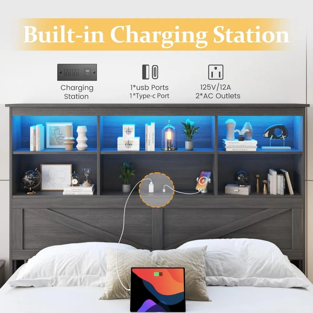 Queen Bed Frame with Headboard, Queen Bed Frame with High Storage Bookcase, 4 Storage Drawers & LED & Charging Station 4