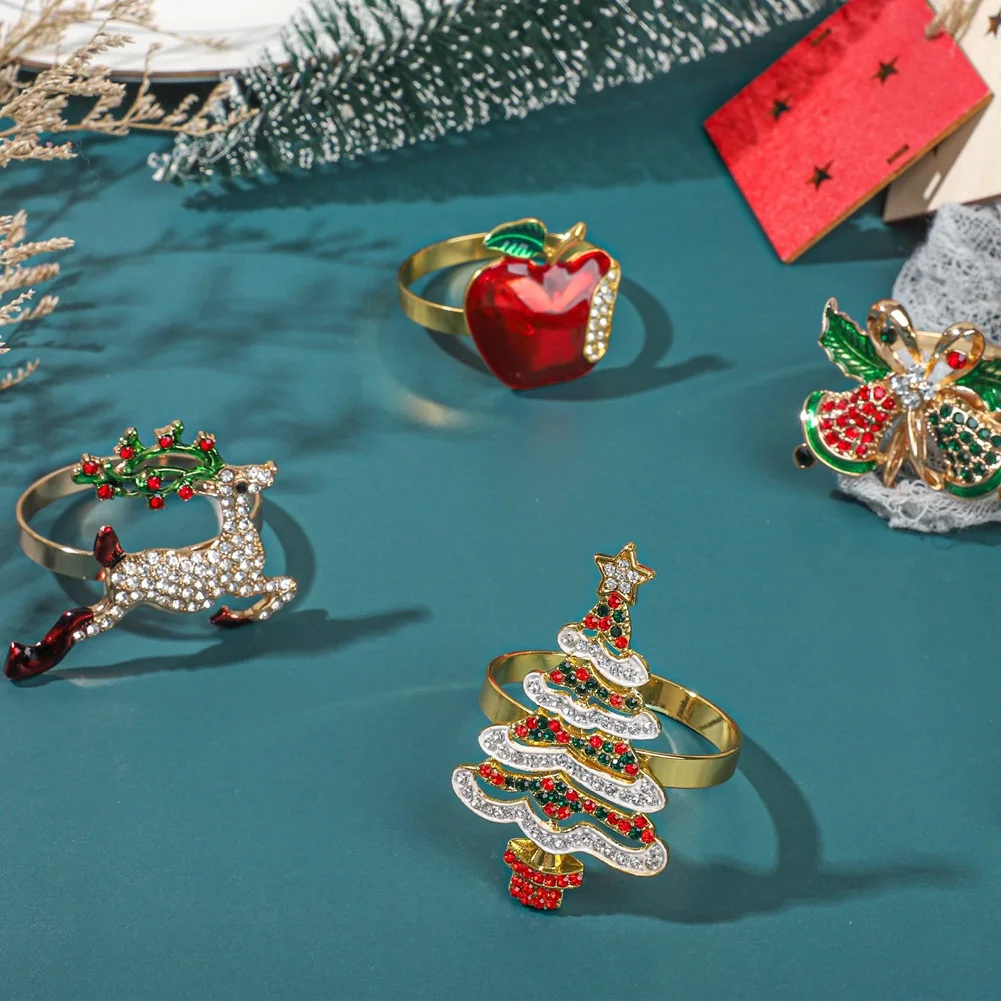 

Christmas Napkin Ring Set Of 8 Metal Christmas Tree Deer Napkin Rings Holders Rhinestone Napkin Buckles for Holiday