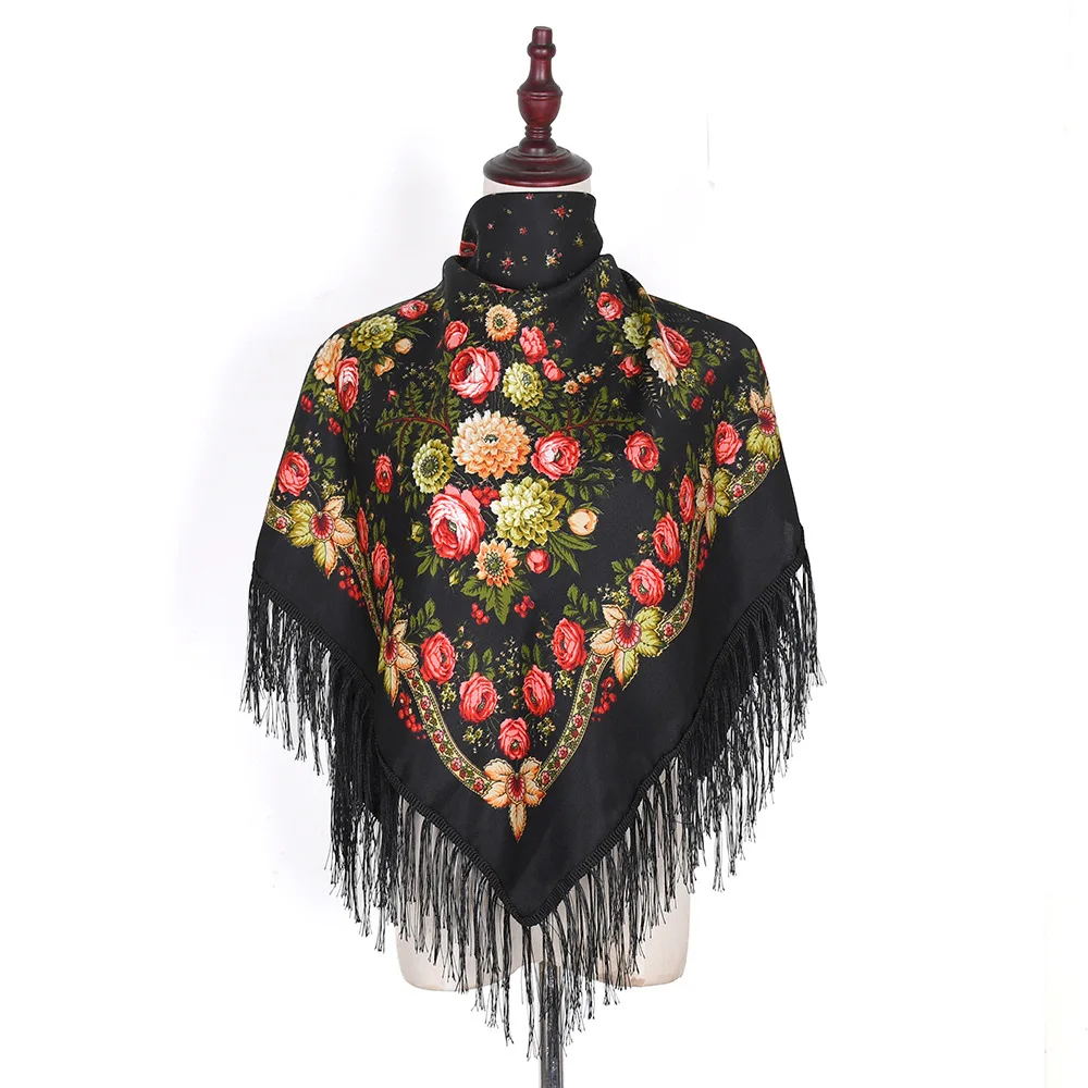 Russian Scarf Shawls Women Fringed Square Bandana Muslim Headscarf Hijab National Floral Blanket Scarves 110x110cm 4