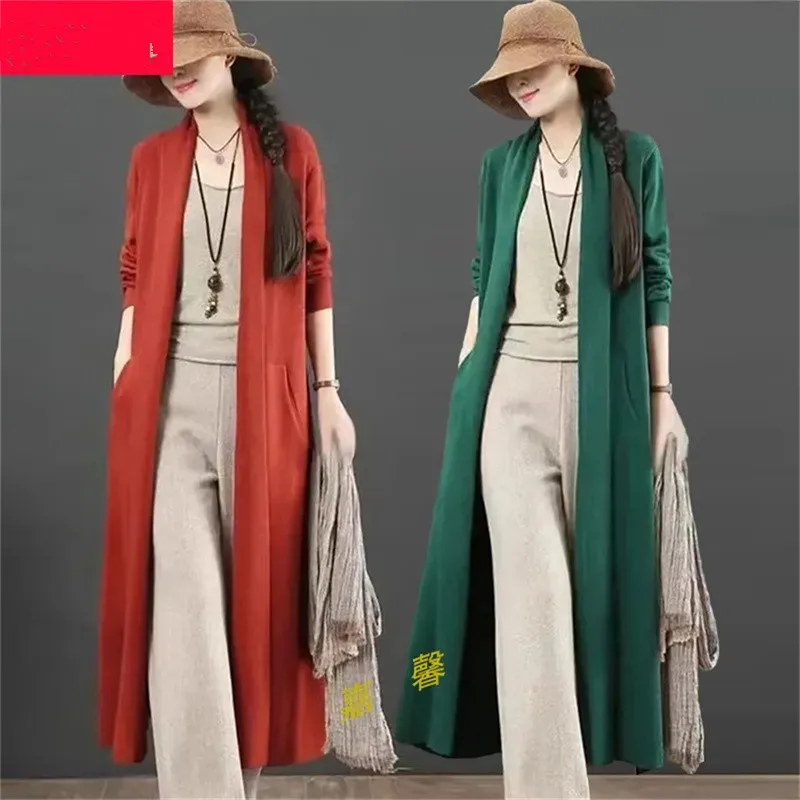 

Solid Color Fashion Knitted Sweater For Women Autumn 2024New Korean Casual Loose Fitting Long Cardigan Outerwear Trend Coat Long