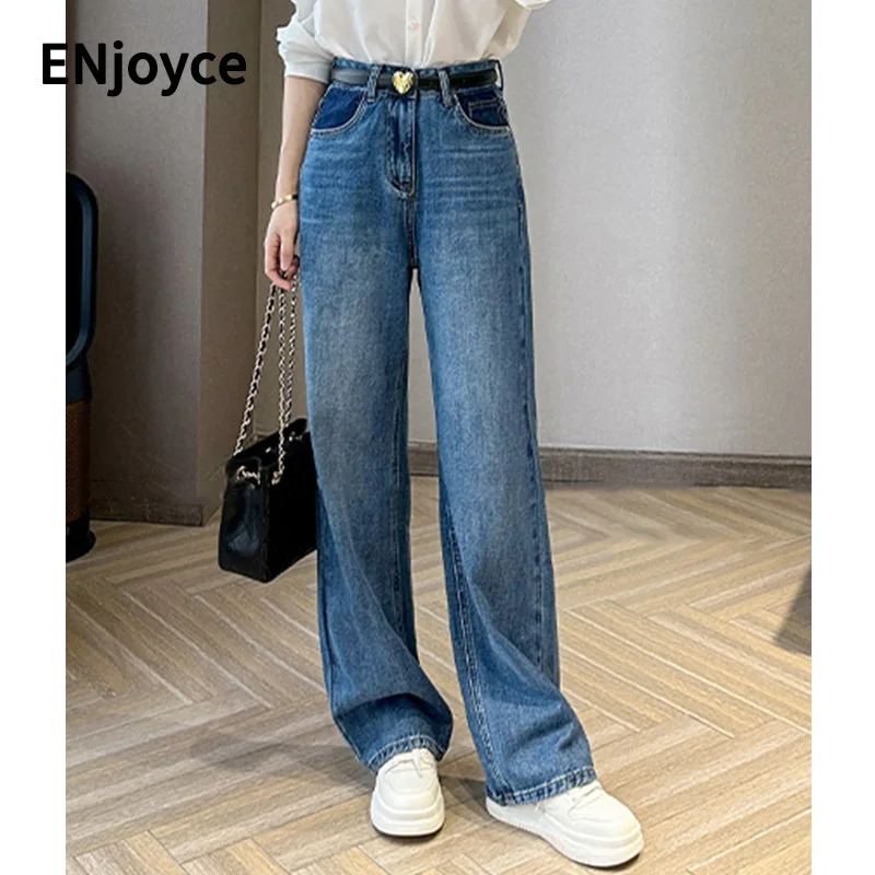 

Spring Fall Vintage Contrast Pocket High Waist Jeans Women Streetwear Korean Style Casual Denim Pants Straight Trousers