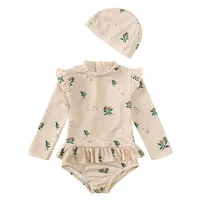 Girls Cute Backless Floral One-piece Swimsuit Baby Bikini Swimwear with hat Sun-proof Beach Vacation Toddlers Kids Chic Swimsuit 6