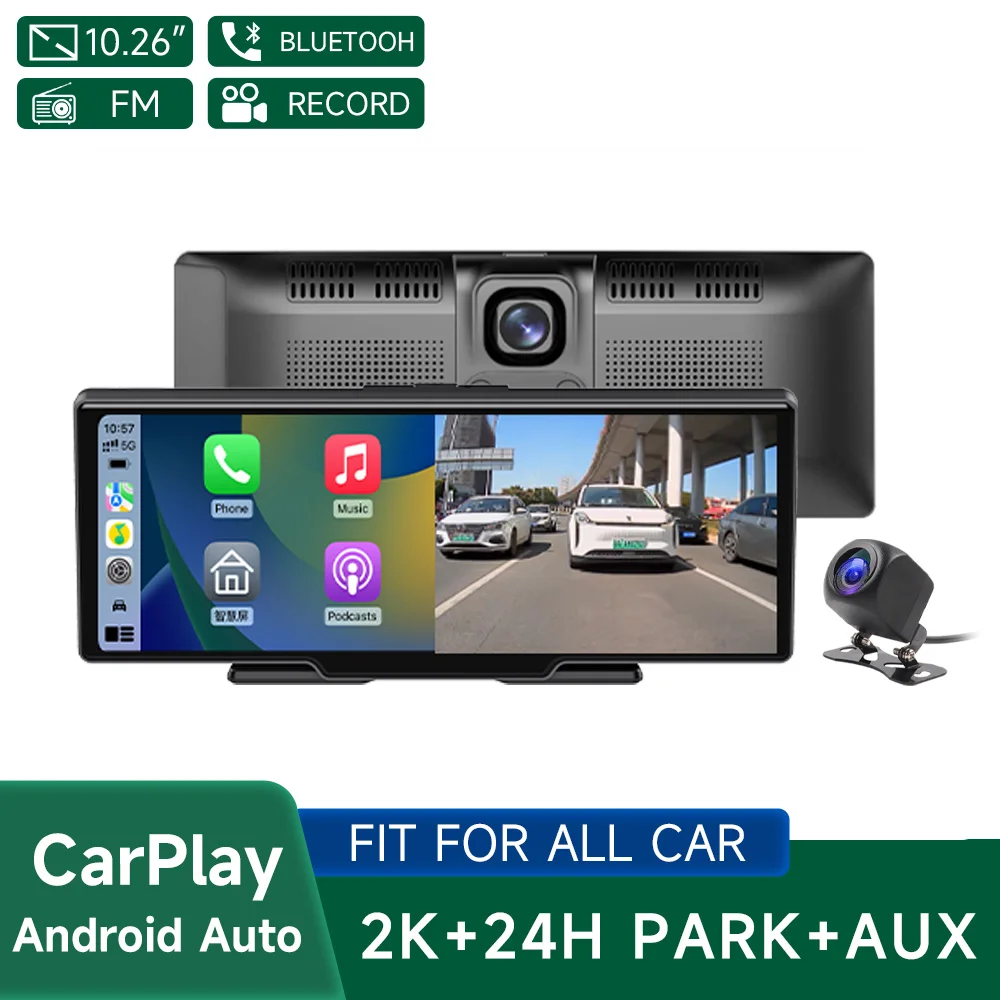 

10.26" Dash Cam Rearview Camera Wifi Carplay & Android Auto 2K DVR GPS Navigation Video Recorder Dashboard Dual Len 24H Park AUX