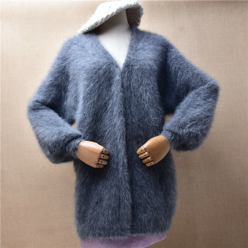 

Female Women Fall Winter Clothing Grey Hairy Plush Mink Cashmere Knitted Long Lantern Sleeves Loose Cardigans Jacket Sweater Top