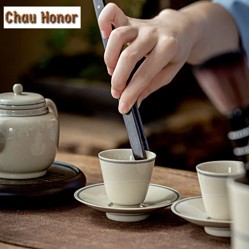 2pc/Set Retro Plant Grey Glaze Ceramic Tea Cup Pad Creative Coaster Kung Fu Tea Cup Holder Thermal Insulation Plate Tea Ceremony