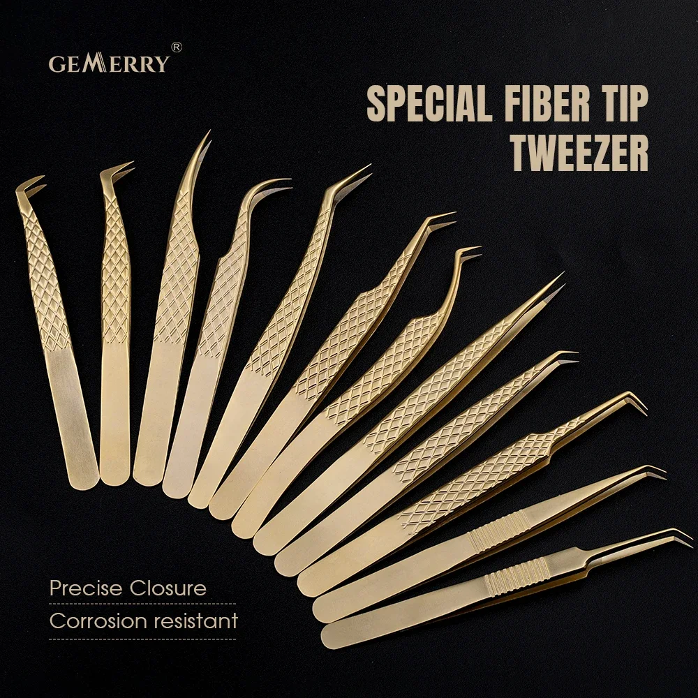 

Gemerry Eyelash Extension Tweezers With Fiber Tips Golden Stainless Steel High Precision Tweezer for Volume Fans Makeup Tools