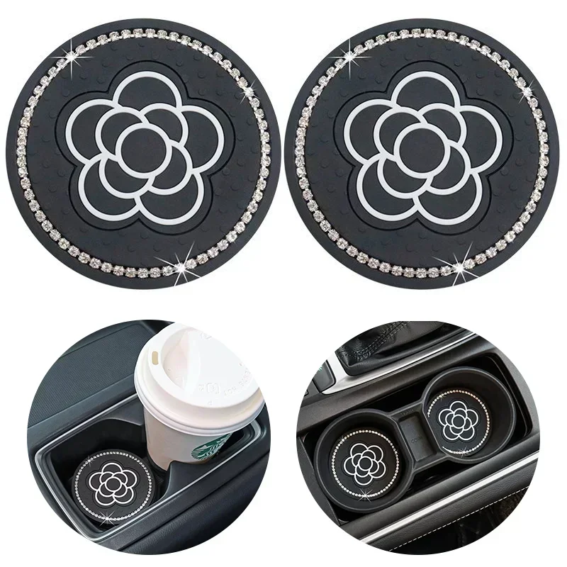 2PCS of Diamond Car Coasters, Tea Flower Car Cup Holders, Silicone Anti Slip Coasters, General Motors Interior Water Cup Mats