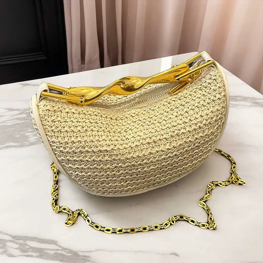Straw Shoulder Bag with Metal Handle for Women Summer Beach