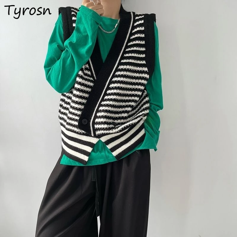 

Knitting Vests Women V-neck Striped Patchwork Harajuku Korean Fashion Streetwear Loose Leisure Casual Spring Chic Classic 3XL