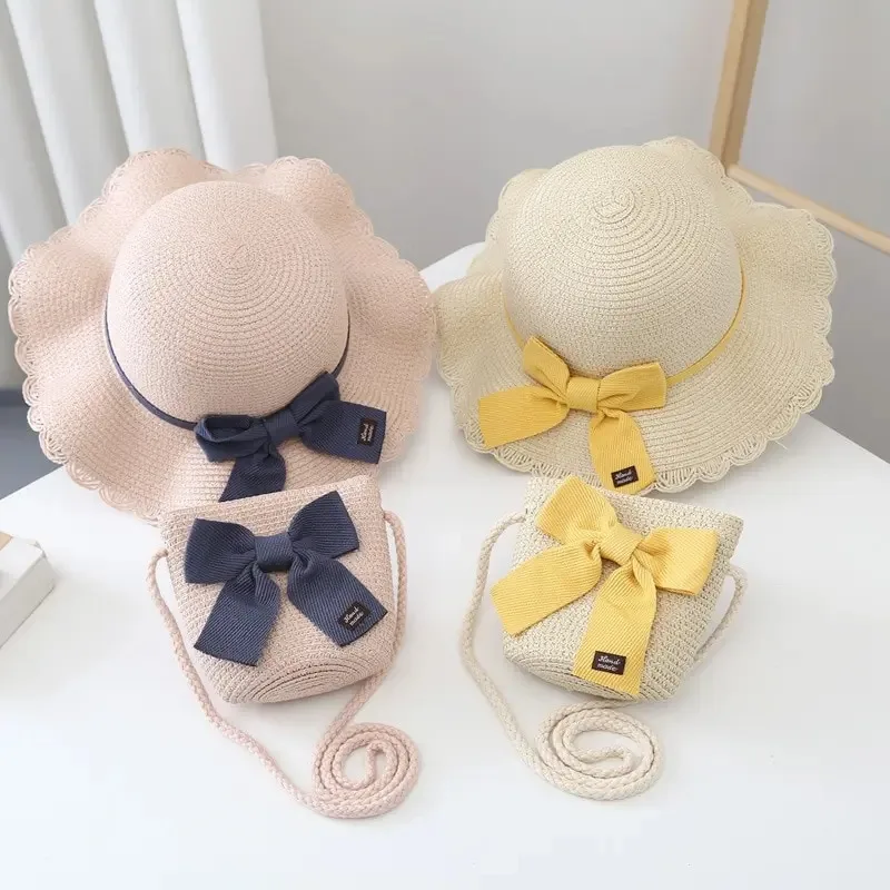 Straw Hat 2 Pcs Children Girls Summer Outdoor Beach Set straw hat,outdoor sun hat