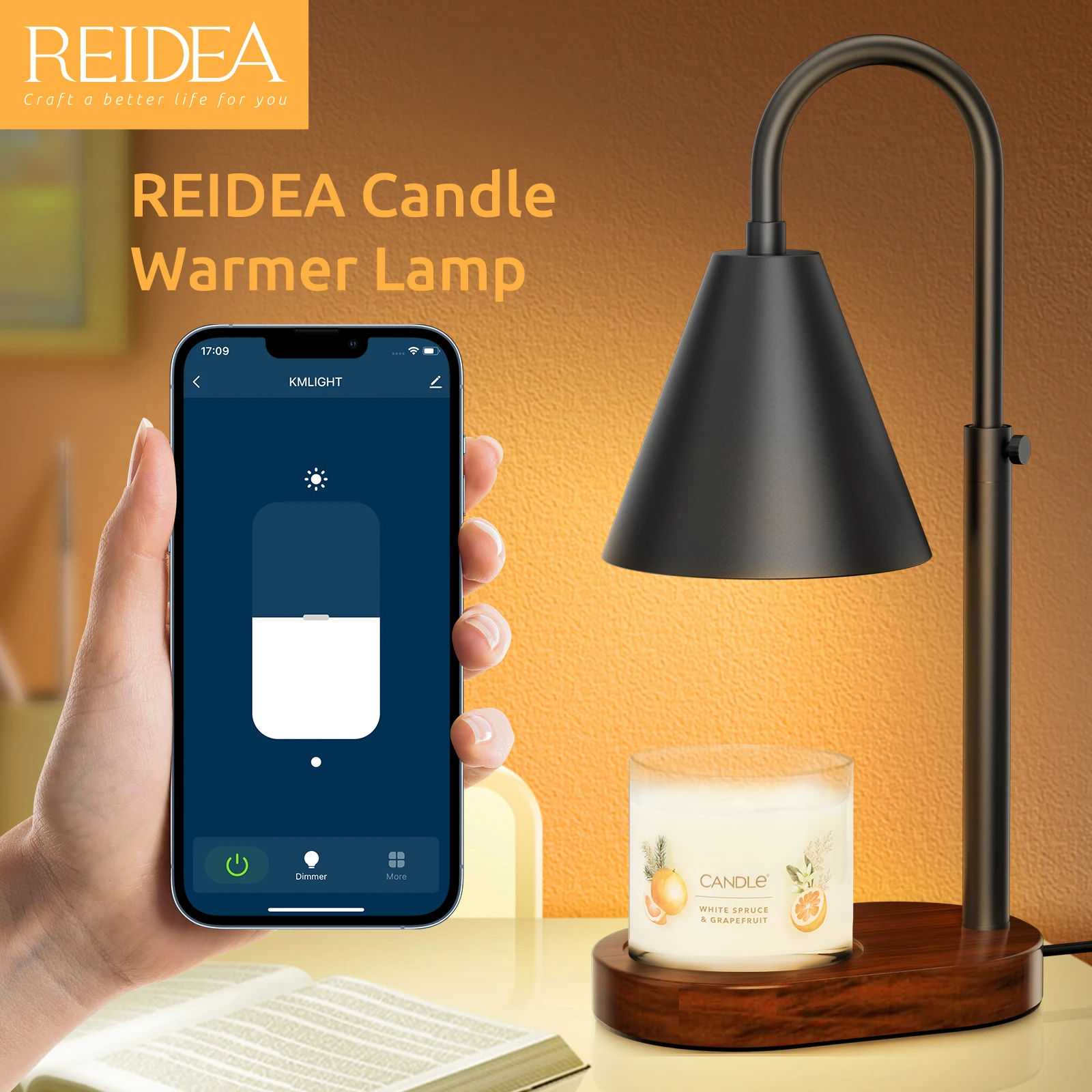 

REIDEA ES1 Smart Candle Warmer Lamp App Controlled with Timer, Dimmable Adjustable Height Wax Melt for Scented Candles