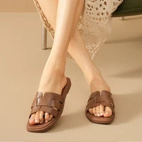 BEAUTODAY Casual Slippers Women Calfskin Leather Square Toe Solid Color Shallow Retro Ladies Flat Shoes Handmade 36346 - Image 2