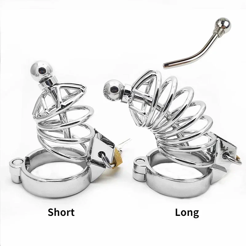 Metal Chastity Cage Sissy 304 Stainless Steel Penis Lock Cock Ring Wiht Urethral Catheter Bondage Chastity Belt Sex Toy for Men